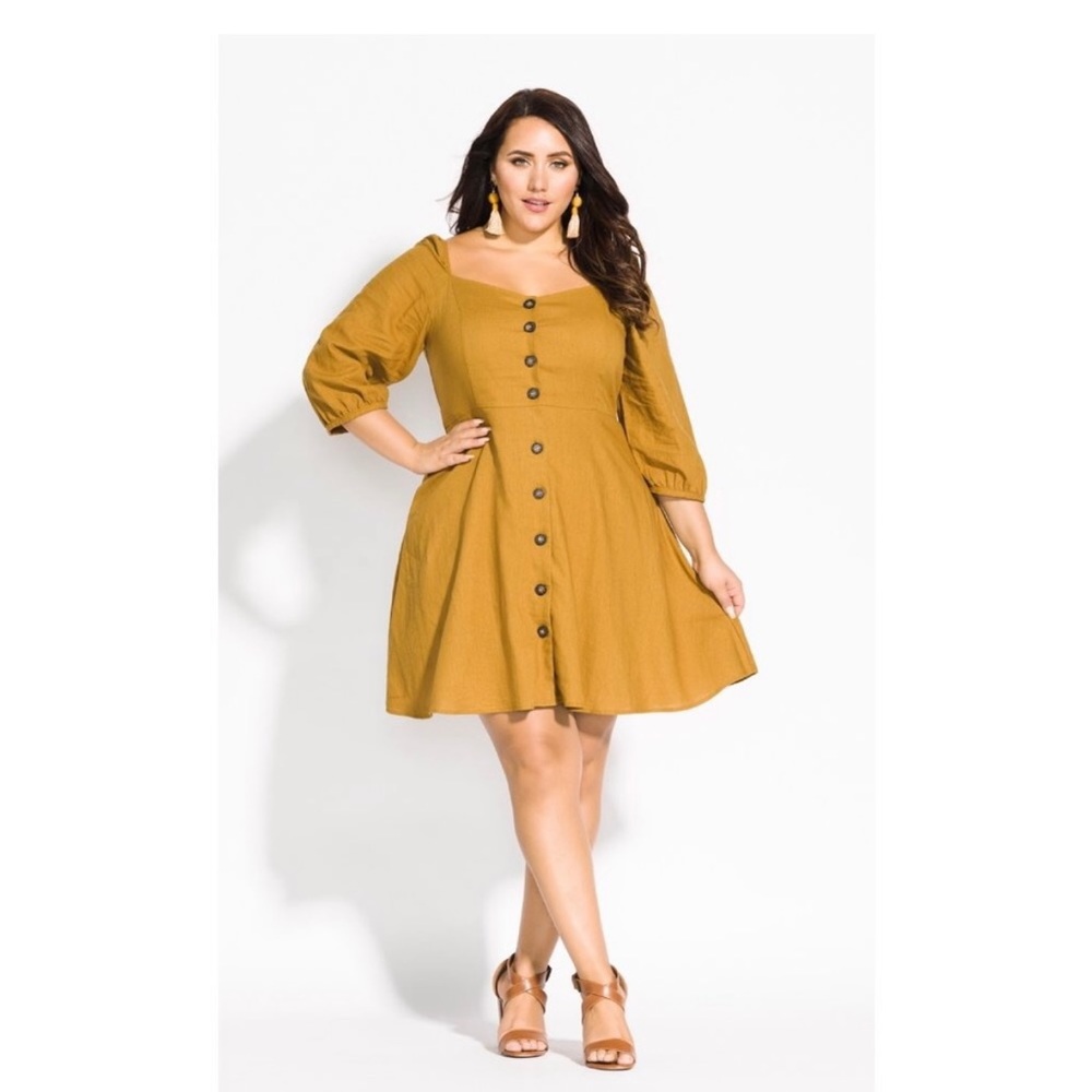 City Chic Summer Fling Mustard 3/4 Sleeve Dress
